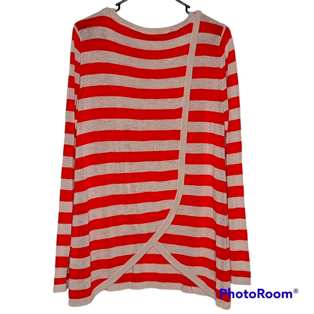 Cremieux Sweater Womens Sz L Orange & Cream Stripes Overlay Back Pull Over Top
